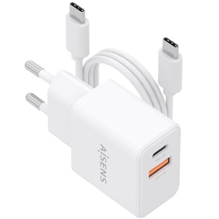 Cargador de Pared GaN Aisens ASCH-20W2P083-W/ 1xUSB Tipo-C/ 1xUSB/ 20W/ Blanco/ Incluye Cable USB Tipo-C | TecnoSoft art ais carga asch 20w2p083 w 1