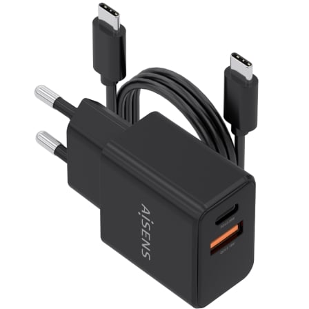Cargador de Pared GaN Aisens ASCH-20W2P084-BK/ 1xUSB Tipo-C/ 1xUSB/ 20W/ Incluye Cable USB Tipo-C | TecnoSoft art ais carga asch 20w2p084 bk 1
