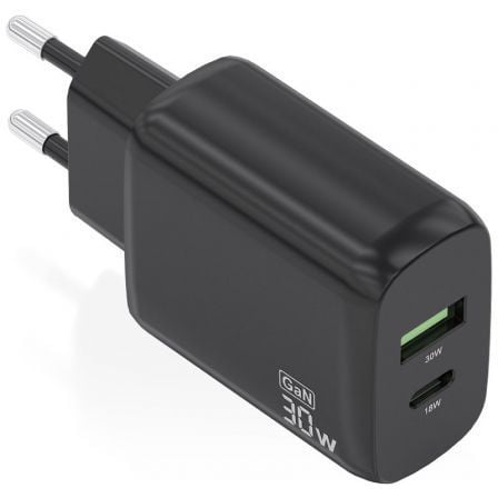 Cargador de Pared GaN Aisens A110-0924/ 1xUSB Tipo-C/ 1xUSB/ 30W/ Negro | TecnoSoft art ais carga20a110 0924 1