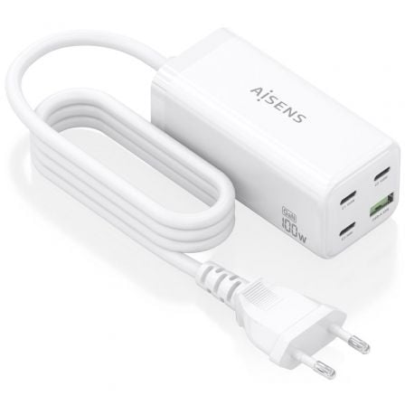 Cargador Sobremesa GaN Aisens ASCH-100W4P053-W/ 3xUSB Tipo-C/ 1xUSB/ 100W | TecnoSoft art ais carga20asch 100w4p053 w 1