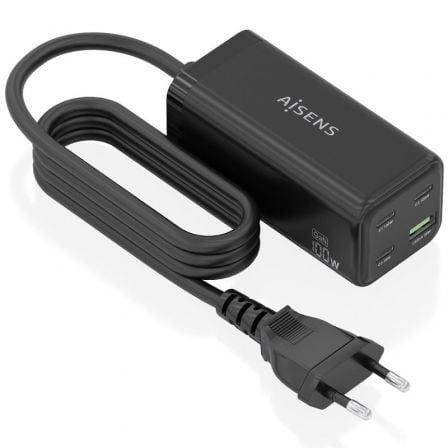 Cargador Sobremesa GaN Aisens ASCH-100W4P054-BK/ 3xUSB Tipo-C/ 1xUSB/ 100W | TecnoSoft art ais carga20asch 100w4p054 bk 1
