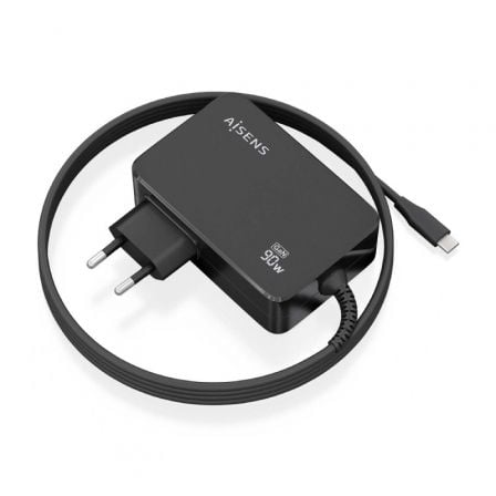 Cargador de Portátil GaN Aisens ASCH-1PD90WL034-BK/ 1xUSB Tipo-C + Cable 1.8m/ 90W/ Automático/ Voltaje 5-20V | TecnoSoft art ais carga20asch 1pd90wl034 bk 1
