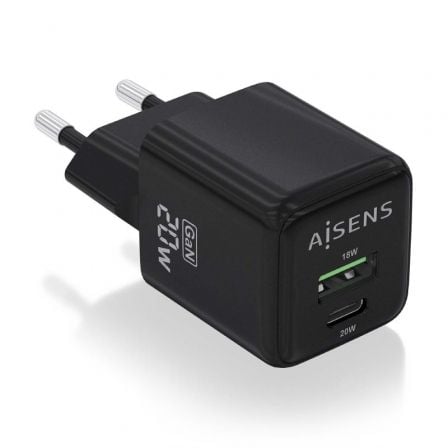 Cargador de Pared GaN Aisens ASCH-20W2P011-BK/ 1xUSB Tipo-C/ 1xUSB/ 20W | TecnoSoft art ais carga20asch 20w2p011 bk 1