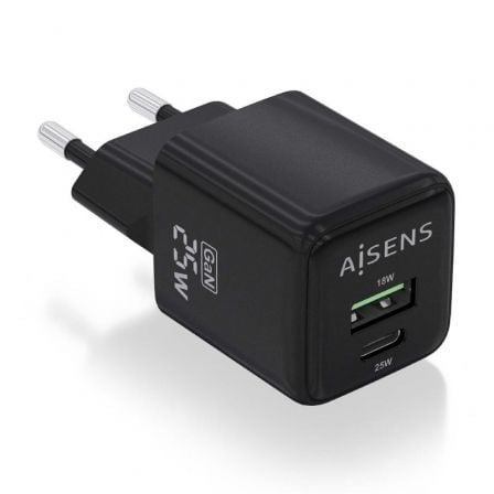 Cargador de Pared GaN Aisens ASCH-25W2P015-BK/ 1xUSB Tipo-C/ 1xUSB/ 25W | TecnoSoft art ais carga20asch 25w2p015 bk 1