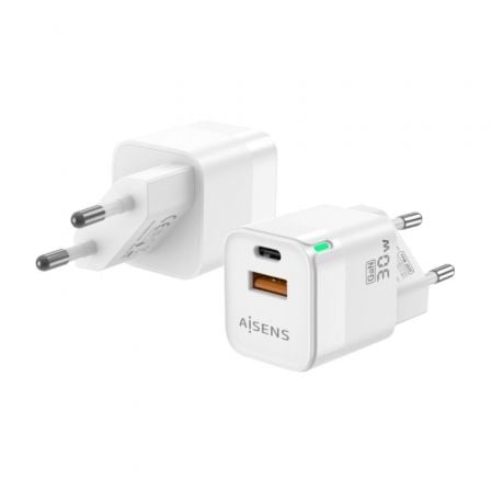 Cargador de Pared GaN Aisens ASCH-30W2P004-W/ 1xUSB Tipo-C/ 1xUSB/ 30W | TecnoSoft art ais carga20asch 30w2p004 w 1