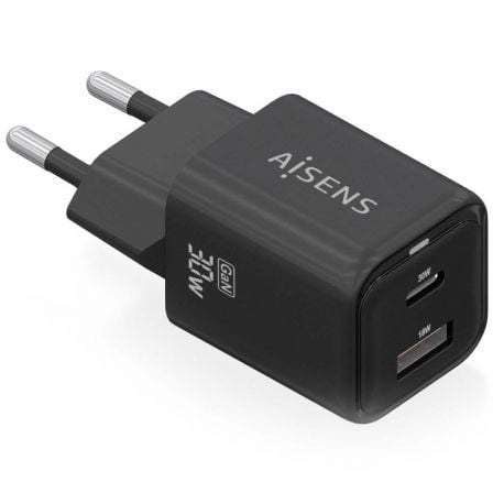 Cargador de Pared GaN Aisens ASCH-30W2P021-BK/ 1xUSB Tipo-C/ 1xUSB/ 30W | TecnoSoft art ais carga20asch 30w2p021 bk 1