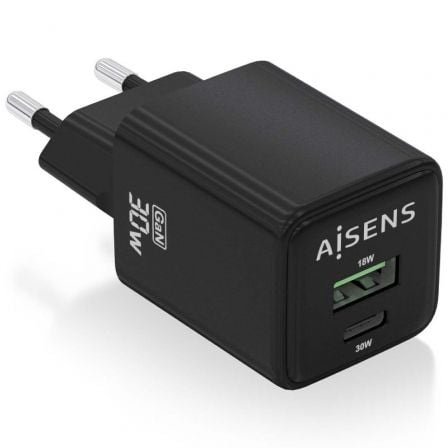 Cargador de Pared GaN Aisens ASCH-30W2P038-BK/ 1xUSB Tipo-C/ 1xUSB/ 30W | TecnoSoft art ais carga20asch 30w2p038 bk 1