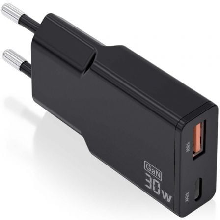 Cargador de Pared GaN Aisens ASCH-30W2P047-BK/ 1xUSB Tipo-C/ 1xUSB/ 30W/ Negro | TecnoSoft art ais carga20asch 30w2p047 bk 1