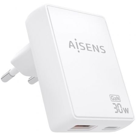 Cargador de Pared GaN Aisens ASCH-30W2P074-W/ 1xUSB Tipo-C/ 1xUSB/ 30W/ Blanco | TecnoSoft art ais carga20asch 30w2p074 w 1