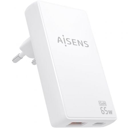 Cargador de Pared GaN Aisens ASCH-65W2P076-W/ 1xUSB Tipo-C/ 1xUSB/ 65W/ Blanco | TecnoSoft art ais carga20asch 65w2p076 w 1