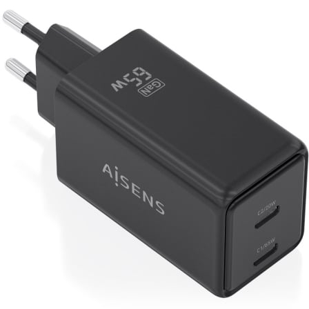 Cargador de Pared GaN Aisens ASCH-65W2P079-BK/ 2xUSB Tipo-C/ 65W/ Negro | TecnoSoft art ais carga20asch 65w2p079 bk 1