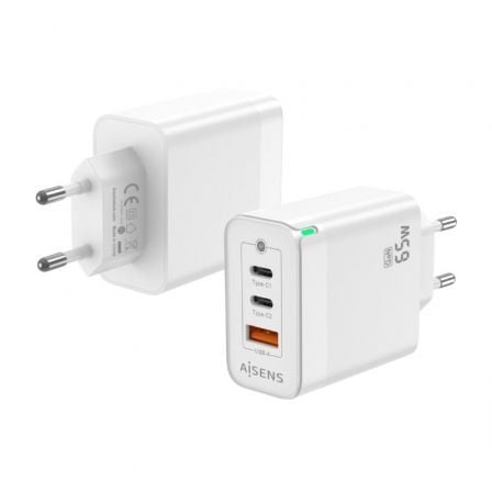 Cargador de Pared GaN Aisens ASCH-65W3P007-W/ 2xUSB Tipo-C/ 1x USB/ 65W | TecnoSoft art ais carga20asch 65w3p007 w 1