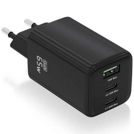 Cargador de Pared GaN Aisens ASCH-65W3P042-BK/ 2xUSB Tipo-C/ 1xUSB/ 65W | TecnoSoft art ais carga20asch 65w3p042 bk 1