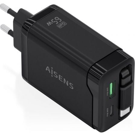 Cargador de Pared GaN Aisens ASCH-65W3P071-BK/ 1xUSB Tipo-C/ 1xUSB/ 65W/ Negro | TecnoSoft art ais carga20asch 65w3p071 bk 1