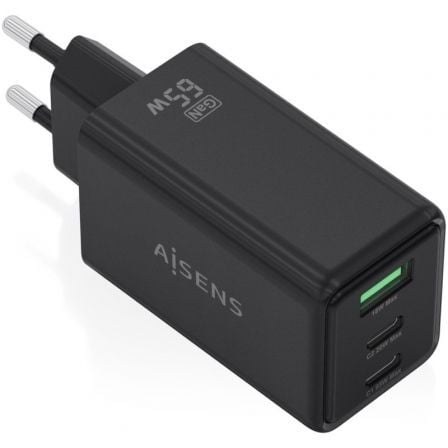 Cargador de Pared GaN Aisens ASCH-65W3P073-BK/ 2xUSB Tipo-C/ 1xUSB/ 65W/ Negro | TecnoSoft art ais carga20asch 65w3p073 bk 1