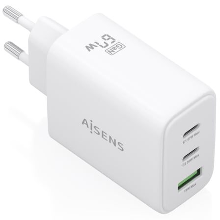 Cargador de Pared GaN Aisens ASCH-67W3P086-W/ 2xUSB Tipo-C/ 1xUSB/ 67W/ Blanco | TecnoSoft art ais carga20asch 67w3p086 w 1