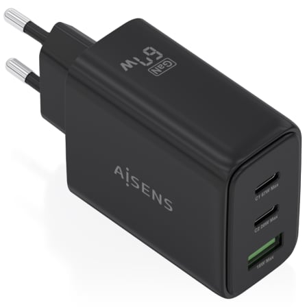 Cargador de Pared GaN Aisens ASCH-67W3P087-BK/ 2xUSB Tipo-C/ 1xUSB/ 67W | TecnoSoft art ais carga20asch 67w3p087 bk 1
