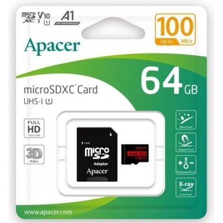 Tarjeta de Memoria Apacer 64GB XC UHS 1 con Adaptador/ Clase 10/ 100MBs | TecnoSoft art apa microsd2064gb20ap64gmcsx1 1