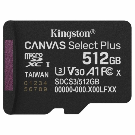 Tarjeta de Memoria Kingston CANVAS Select Plus 512GB microSD XC/ Clase 10/ 150MBs | TecnoSoft art kin microsd sdcs3 512gbsp 1