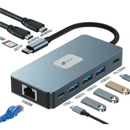 Docking USB Tipo-C Leotec LEDS02/ 3xUSB/ 1xUSB Tipo-C/ 1xUSB Tipo-C PD/ 2xHDMI 4K/ 1xRJ45/ 1xLector Tarjetas SD y MicroSD/ Gris | TecnoSoft art leo dock20leds02 1