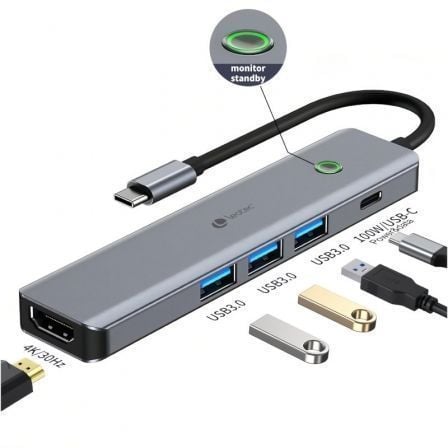 Docking USB Tipo-C Leotec LEDS05/ 3xUSB/ 1xUSB Tipo-C PD/ 1xHDMI 4K/ Gris | TecnoSoft art leo dock20leds05 1
