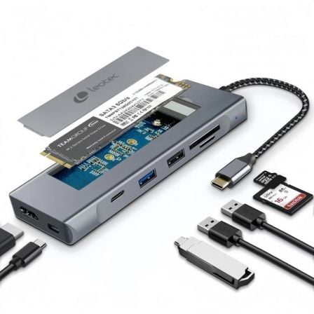 Docking/Caja Externa USB Tipo-C Leotec LEDS07/ Ranura SSD M.2/ 2xUSB/ 1xUSB Tipo-C/ 1xHDMI 4K/ 1xLector Tarjetas SD y MicroSD/ 1xUSB Tipo-C PD | TecnoSoft art leo dock20leds07 1