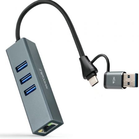 Hub USB + USB Tipo-C 3.0 Nanocable 10.03.0412/ 3xUSB/ 1xRJ45/ Gris | TecnoSoft art nan hub20102003200412 1
