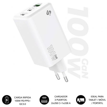 Cargador de Pared GaN Subblim 100W Charger USB C+C+A/ 2xUSB Tipo-C/ 1xUSB/ 100W | TecnoSoft art sub carga20subchg 6g1003 1