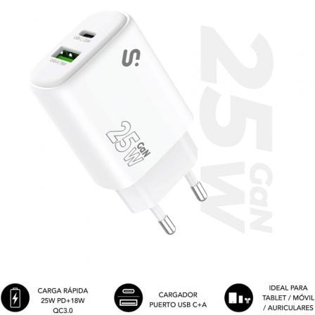 Cargador de Pared GaN Subblim 25W Charger USB C+A/ 1xUSB Tipo-C/ 1xUSB/ 25W | TecnoSoft art sub carga20subchg 6g2510 1