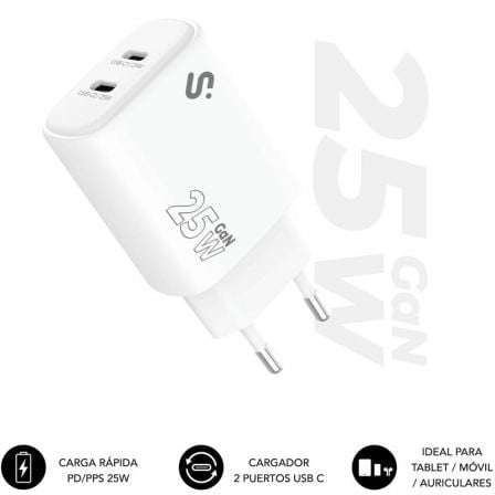 Cargador de Pared GaN Subblim 25W Charger USB C+C/ 2xUSB Tipo-C/ 25W | TecnoSoft art sub carga20subchg 6g2520 1