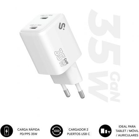 Cargador de Pared GaN Subblim 35W Charger USB C+C/ 2xUSB Tipo-C/ 35W | TecnoSoft art sub carga20subchg 6g3520 1