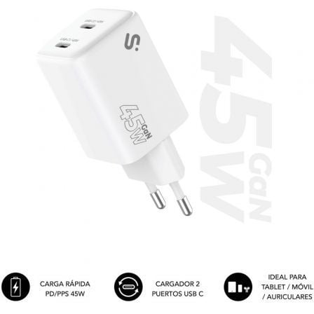 Cargador de Pared GaN Subblim 45W Charger USB C+C/ 2xUSB Tipo-C/ 45W | TecnoSoft art sub carga20subchg 6g4520 1