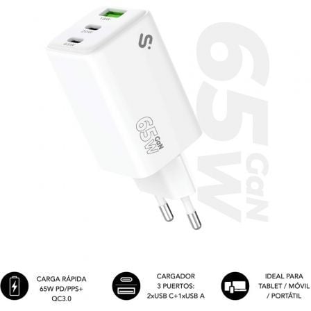 Cargador de Pared GaN Subblim 65W Charger USB C+C+A/ 2xUSB Tipo-C/ 1xUSB/ 65W | TecnoSoft art sub carga20subchg 6g6530 1