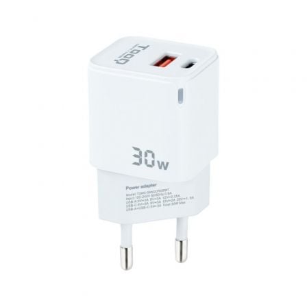 Cargador de Pared GaN TooQ TQWC-GANQCPD30WT/ 1xUSB Tipo-C/ 1xUSB/ 30W | TecnoSoft art too carga20tqwc ganqcpd30wt 1