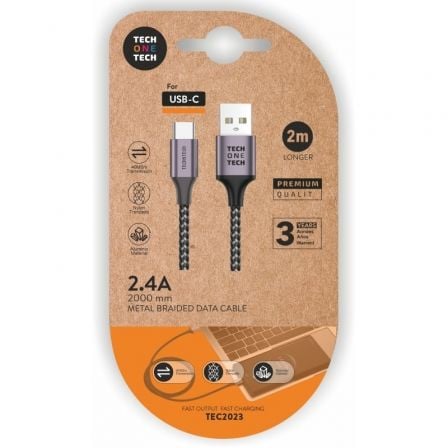 Cable USB 2.0 Tipo-C Tech One Tech TEC2023/ USB Tipo-C Macho – USB Macho/ 2m/ Gris | TecnoSoft art tot cab20tec2023 1