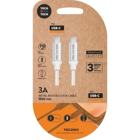 Cable USB 2.0 Tipo-C Tech One Tech TEC2204/ USB Tipo-C Macho – USB Tipo-C Macho/ Hasta 20W/ 480Mbps/ 1m/ Blanco | TecnoSoft art tot cab20tec2204 1