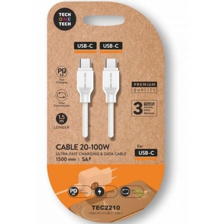 Cable USB 2.0 Tipo-C Tech One Tech TEC2210/ USB Tipo-C Macho – USB Tipo-C Macho/ Hasta 100W/ 480Mbps/ 1.5m/ Blanco | TecnoSoft art tot cab20tec2210 1