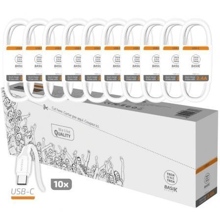 Pack 10 Cables USB 2.0 Tech One Tech Basik TEC2953/ USB Macho – USB Tipo-C Macho/ 1m/ Blanco | TecnoSoft art tot cab20tec29532010u 1