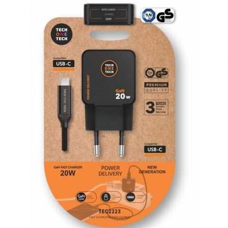 Cargador de Pared GaN Tech One Tech TEC2223/ 1xUSB Tipo-C + Cable USB Tipo-C/ 20W/ Negro | TecnoSoft art tot car tec2223 1