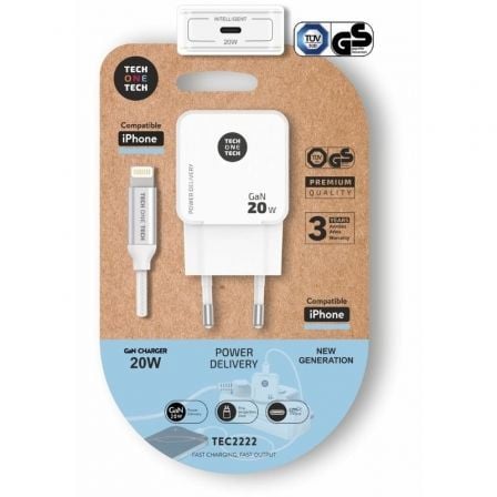 Cargador de Pared Tech One Tech TEC2222/ 1xUSB Tipo-C + Cable Lightning/ 20W/ Blanco | TecnoSoft art tot car20tec2222 1