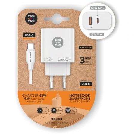 Cargador de Pared GaN Tech One Tech PD TEC2273 / 1xUSB Tipo-C/ 1xUSB/ 65W | TecnoSoft art tot car20tec2273 1