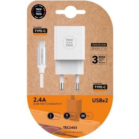 Cargador de Pared Tech One Tech TEC2403/ 2xUSB + Cable USB Tipo-C/ 12W/ Blanco | TecnoSoft art tot car20tec2403 1