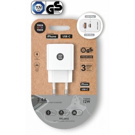 Cargador de Pared Tech One Tech TEC2412/ 1xUSB Tipo-C/ 1xUSB/ 12W/ Blanco | TecnoSoft art tot car20tec2412 1