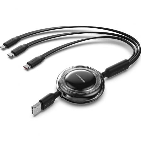 Cable USB Retráctil Vention TRJBBE/ USB Macho – Lightning/ 2xUSB Tipo-C/ Hasta 17.5W/ 10Gbps/ 1.1m/ Negro | TecnoSoft art ven cab20trjbbe 1