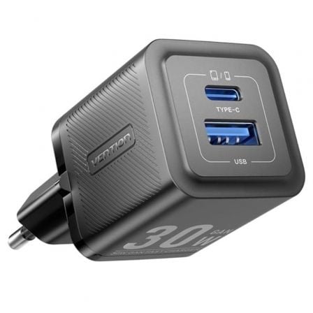 Cargador de Pared GaN Vention FEQB0-EU/ 1xUSB Tipo-C/ 1xUSB/ 30W | TecnoSoft art ven carga20feqb0 eu 1