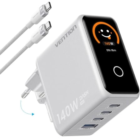 Cargador de Pared GaN Vention TZ-FCOI0-EU/ 3xUSB Tipo-C + Cable USB Tipo-C/ 1xUSB/ 140W | TecnoSoft art ven carga20tz fcoi0 eu 1