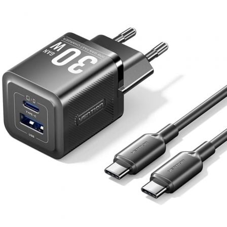 Cargador de Pared GaN Vention TZ-FEQB0-EU-01/ 1xUSB Tipo-C/ 1xUSB + Cable USB Tipo-C/ 30W | TecnoSoft art ven carga20tz feqb0 eu 01 1