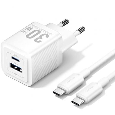 Cargador de Pared GaN Vention TZ-FEQW0-EU-01/ 1xUSB Tipo-C/ 1xUSB + Cable USB Tipo-C/ 30W | TecnoSoft art ven carga20tz feqw0 eu 01 1